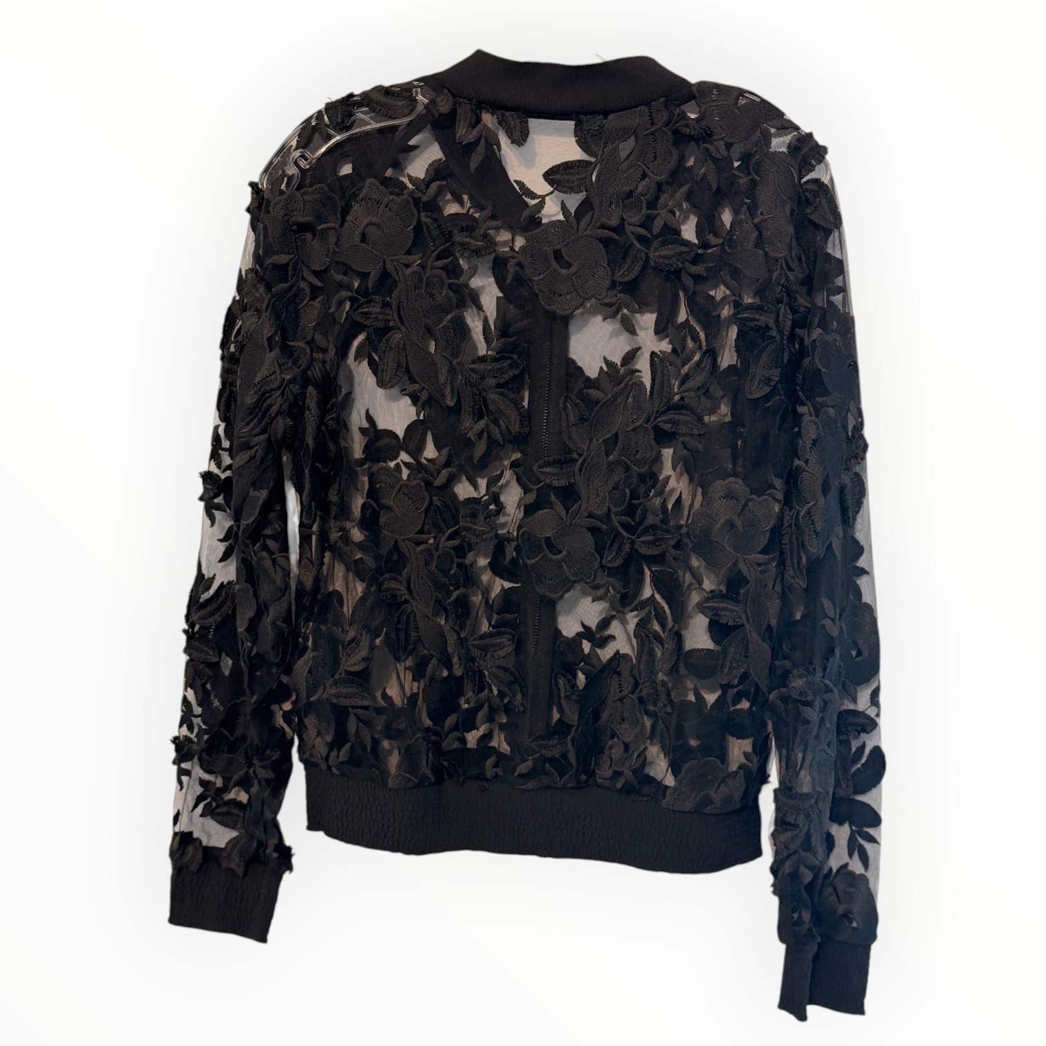 Nwt T Tahari Britney Jacket M Black Sheer Mesh 3d Floral Appliqu Bomber Zip — image 3 of 8